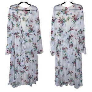 No Boundaries Boho White Floral Sheer Flowy Ruffle Bell Sleeve Duster Cover Up